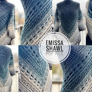 Crochet shawl pattern, crochet pattern, shawl pattern, digital pattern, charted pattern, crochet chart, triangle shawl, Emissa Shawl