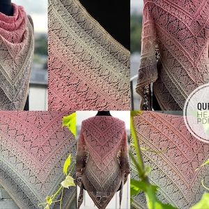 Pode incluir: Um xale de crochê com um delicado padrão de renda em tons de rosa e bege. O xale está drapeado sobre uma cadeira e tem uma borda de franjas. O texto "QUEEN OF HEARTS PDF FILE" é visível na imagem.