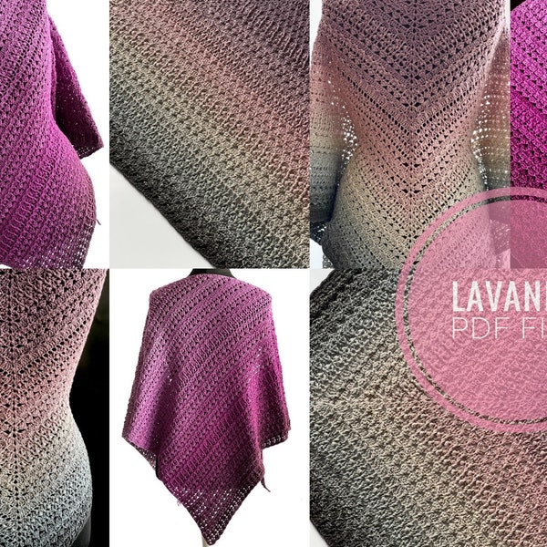 Crochet shawl pattern, shawl pattern,asymmetrical shawl,digital pattern, charted pattern, crochet chart,asymmetrical,triangle shawl, Lavanda