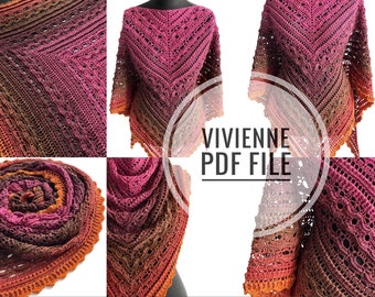 Crochet shawl pattern, crochet pattern, shawl pattern, digital pattern, charted pattern, crochet chart, triangle shawl, Vivienne Shawl