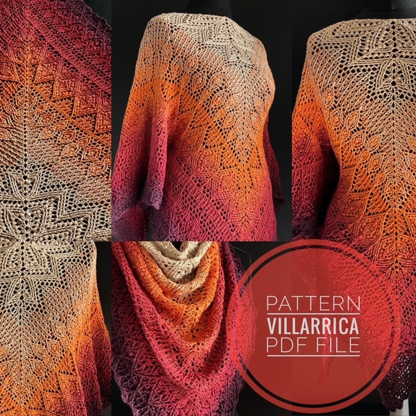 Crochet shawl pattern, shawl pattern, pdf file, digital pattern, charted pattern, crochet chart,womans wrap triangle shawl, Villarrica Shawl