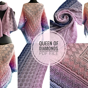 Crochet pattern, triangle pattern, pdf file,digital pattern,charted pattern,crochet shawl,  crochet scarf, shawl pattern, Queen of Diamonds