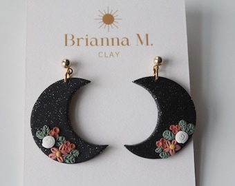 floral moon polymer clay earrings