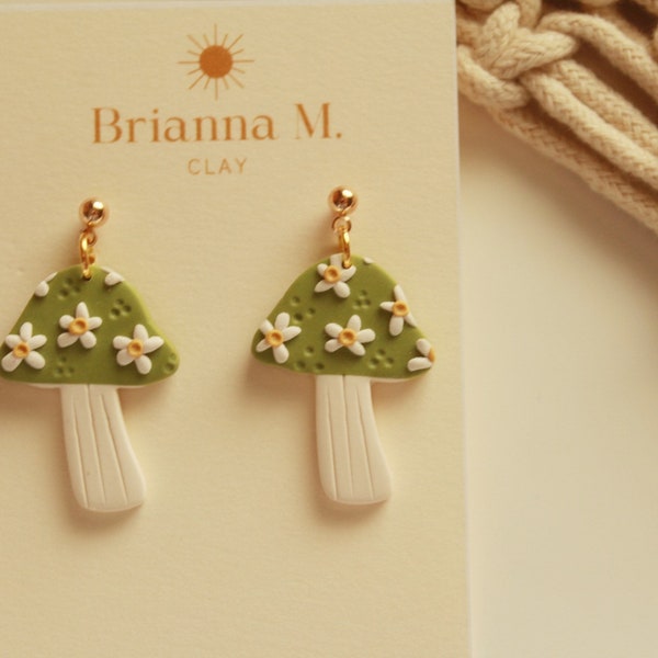 green floral polymer clay mushroom earrings