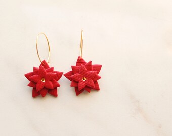 red poinsettia polymer clay hoop earrings