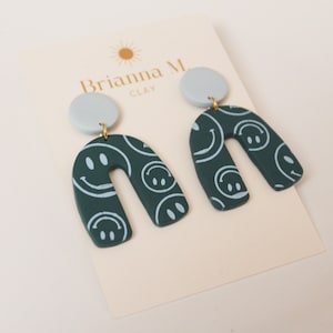 emerald and light blue smiley arch polymer clay earrings