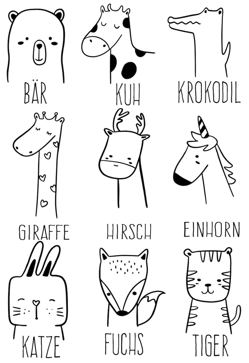 Puede incluir: Dibujos en blanco y negro de varios animales, incluyendo un oso, una vaca, un cocodrilo, una jirafa, un ciervo, un unicornio, un gato, un zorro y un tigre. Cada animal tiene una etiqueta en alem&aacute;n debajo.