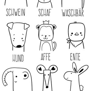 Puede incluir: Dibujos en blanco y negro de varios animales, incluyendo un cerdo, una oveja, un mapache, un perro, un mono, un pato, un elefante, un rat&oacute;n y un conejo. Cada animal est&aacute; etiquetado con su nombre alem&aacute;n: Schwein, Schaf, Waschb&auml;r, Hund, Affe, Ente, Elefant, Maus, Hase.