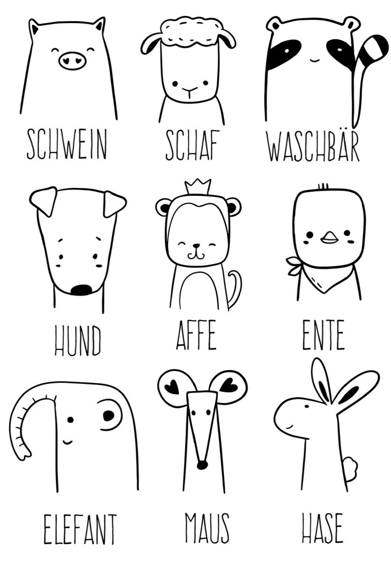 Puede incluir: Dibujos en blanco y negro de varios animales, incluyendo un cerdo, una oveja, un mapache, un perro, un mono, un pato, un elefante, un rat&oacute;n y un conejo. Cada animal est&aacute; etiquetado con su nombre alem&aacute;n: Schwein, Schaf, Waschb&auml;r, Hund, Affe, Ente, Elefant, Maus, Hase.