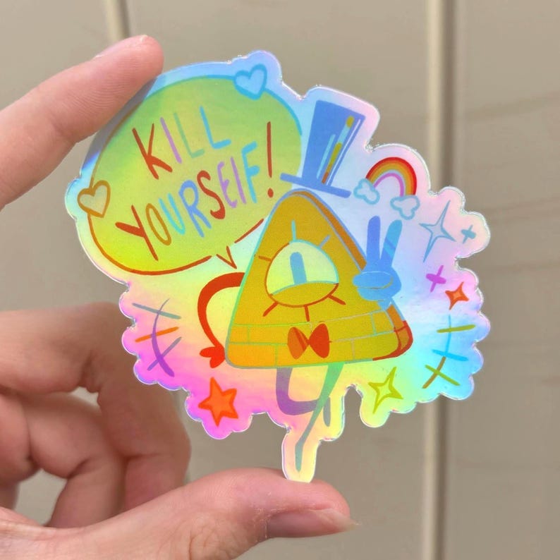 May include: Holographic sticker featuring a yellow triangle with a single eye, a top hat, and a bow tie. The sticker has the text "KILL YOURSELF!" in a speech bubble. Additional elements include a rainbow, stars, and a peace sign.
