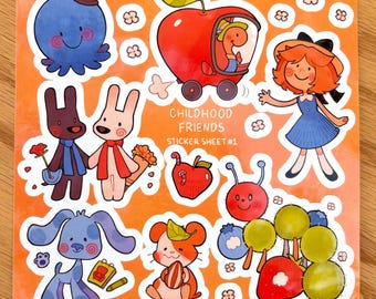 Op de afbeelding: Een vel kleurrijke stickers met cartoon illustraties van vriendelijke karakters. De stickers bevatten een octopus, een rode appelauto, een meisje in een blauwe jurk, twee konijnen, een hond, een hamster en andere grillige ontwerpen. De tekst "CHILDHOOD FRIENDS STICKER SHEET #1" is ook inbegrepen.