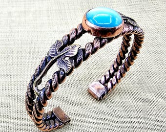 Bracelet manchette turquoise en cuivre fait main, motif feuille bohème, 7e anniversaire