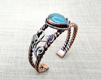 Bracelet manchette fait main en cuivre et amazonite, motif floral de vigne, 7e anniversaire