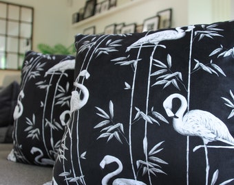 Black Flamingo Bamboo Leaf Velvet Cushion Cover