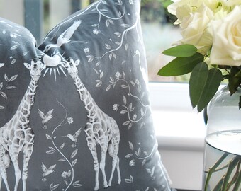 Grey Giraffe & Tropical Bird Sunset Velvet Cushion Cover