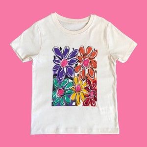 Blooming Flower -Organic Kids T-shirt, Tee -Age 7/8- Screen Print, Hand Screen Printed, Painting - Organic Cotton-Free 1st Class UK Delivery