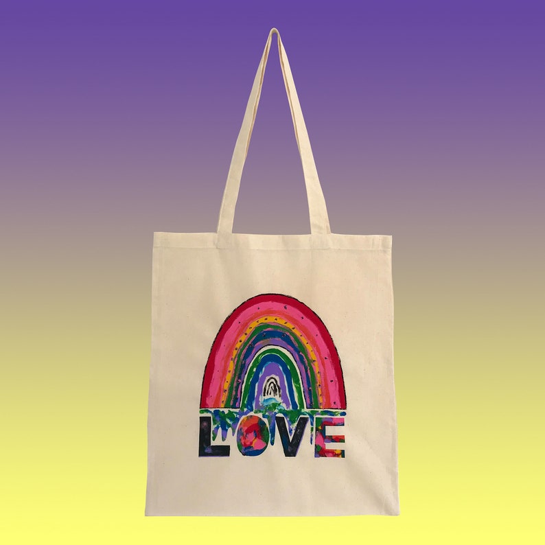 FAST /& FREE UK Delivery Love Rainbow Kaleidoscope Painting Text Natural Cotton Tote Screen Print Tote Bag Hand Screen Printed