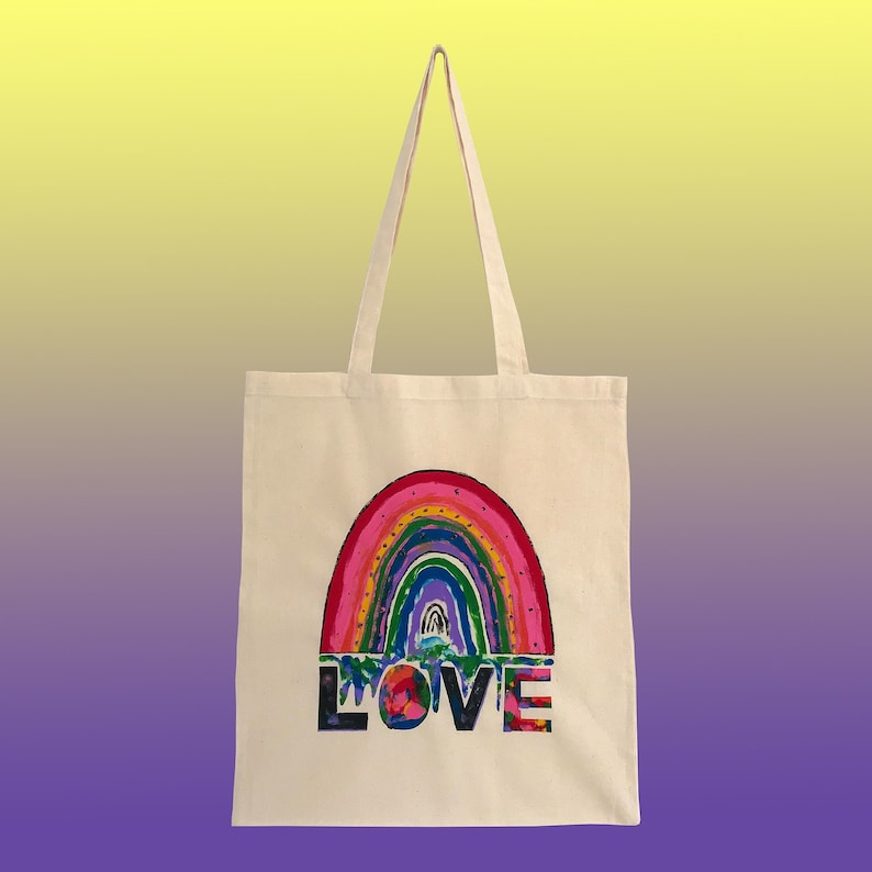 FAST /& FREE UK Delivery Love Rainbow Kaleidoscope Painting Text Natural Cotton Tote Screen Print Tote Bag Hand Screen Printed