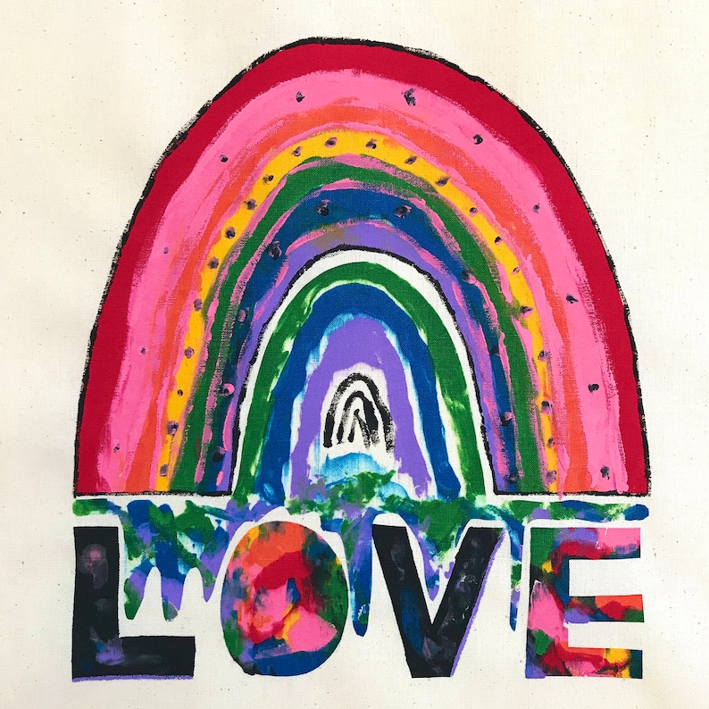 FAST /& FREE UK Delivery Love Rainbow Kaleidoscope Painting Text Natural Cotton Tote Screen Print Tote Bag Hand Screen Printed