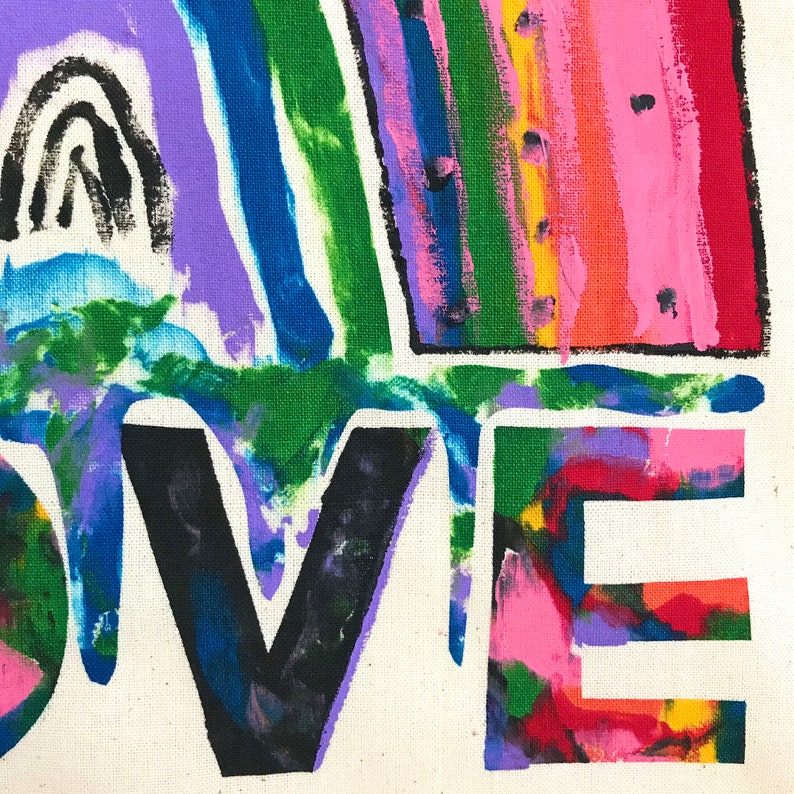 FAST /& FREE UK Delivery Love Rainbow Kaleidoscope Painting Text Natural Cotton Tote Screen Print Tote Bag Hand Screen Printed