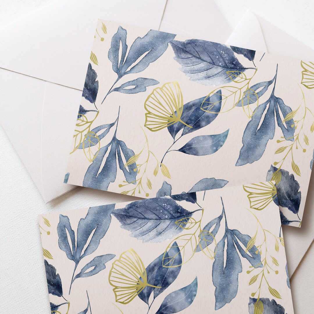 10x Watercolour Notelets, Pack of 10 Blue and Blush Floral Leaves ...
