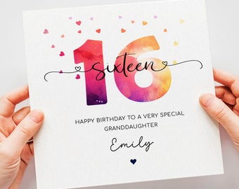 Personalised 16th birthday card, teenage girl sixteenth birthday, colourful happy 16th birthday for daughter, granddaughter, niece