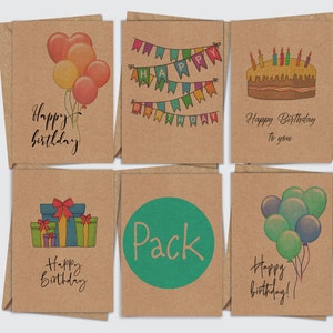 Eco Birthday Card Pack, Set of 5 A6 Happy Birthday Blank Cards, Birthday Illustration Card Variety Multi pack, A6 cards with envelopes