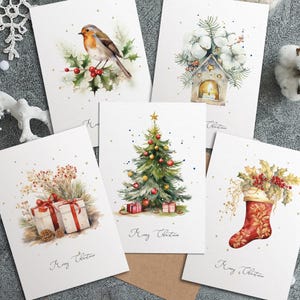 5x Christmas Watercolour Cards, Winter Holidays Card Set, Christmas Tree, Bauble, Robin, Stocking, Gifts Designs