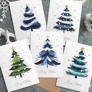 5x Christmas Watercolour Cards, Winter Holidays Card Set, Christmas Tree Designs