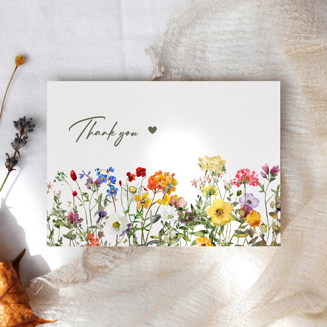 10x Thank You Cards, Wildflower Watercolour Thank You Card Set, Floral ...
