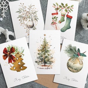 5x Christmas Watercolour Cards, Winter Holidays Card Set, Christmas Tree, Bauble, Stockings