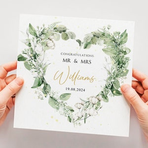 PERSONALISED Newlyweds Just Married Wedding Card, Foliage Heart Wreath Wedding Day Card, Mr & Mrs Bride and Groom, Engagement Card