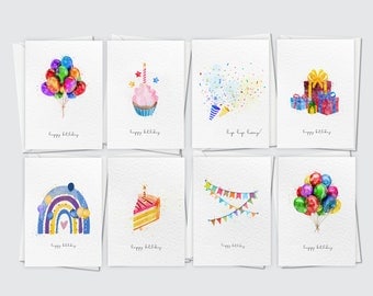 Luxury Birthday Cards Pack | Set of 8 A6 Happy Birthday Blank Cards | Watercolour Variety Multi pack | Unisex A6 Cards Pack