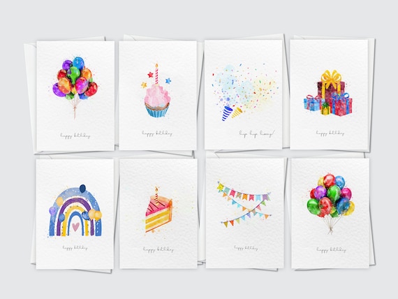 Luxury Birthday Cards Pack, Set of 8 A6 Happy Birthday Blank Cards, Watercolour Variety Multi pack, Unisex A6 Cards Pack