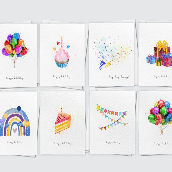Luxury Birthday Cards Pack | Set of 8 A6 Happy Birthday Blank Cards | Watercolour Variety Multi pack | Unisex A6 Cards Pack