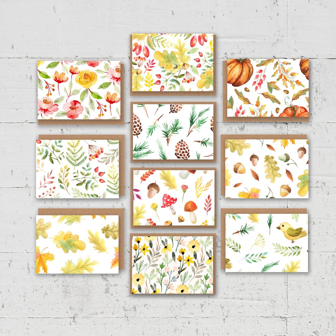 Autumn Watercolor Note Cards, Fall Leaves Thank You Cards, Set of 10 - Etsy