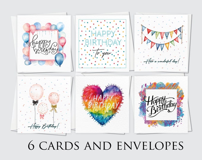 Watercolor Birthday Cards: Colorful Variety Pack, Set of 6 - Etsy