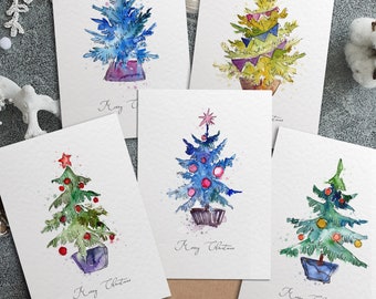 5x Christmas Watercolour Cards, Winter Holidays Card Set, Minimalistic Christmas Tree Designs