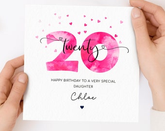 Personalised 20th birthday card, pink twentieth birthday card, happy 20th birthday for daughter, granddaughter, goddaughter, niece