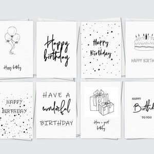 Lot de 8 cartes de voeux d'anniversaire - Lot de 8 cartes manuscrites pour dessin à l'encre