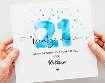 Carte d'anniversaire personnalisée 21 ans | vingt et unième carte d'anniversaire bleue | joyeux 21e anniversaire pour fils, petit-fils, neveu, filleul