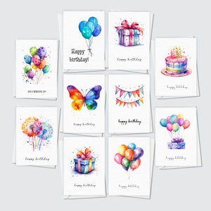 10 cartes d'anniversaire colorées, lot de 10 cartes vierges A6 Joyeux anniversaire, aquarelle variée, lot de 10 cartes unisexes A6 arc-en-ciel