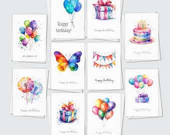 Colourful Birthday Cards Pack, Set of 10 A6 Happy Birthday Blank Cards, Watercolour Variety Multi pack, Rainbow Unisex A6 Cards Pack