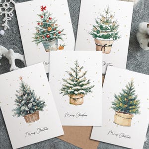5x Christmas Watercolour Cards, Winter Holidays Card Set, Minimalistic Christmas Tree Designs