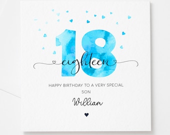 Personalised 18th birthday blue card, teenager boy eighteenth birthday, happy 18th birthday for son, grandson, nephew, godson
