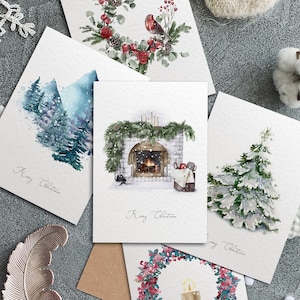 5x Christmas Watercolour Cards, Winter Holidays Card Set, Mountains, Christmas Tree, Wreath, Bird, Home designs, Bulk Scenic Christmas Cards
