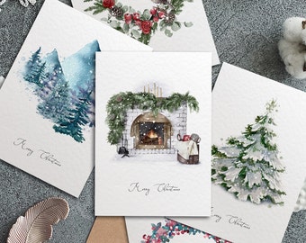 5x Christmas Watercolour Cards, Winter Holidays Card Set, Mountains, Christmas Tree, Wreath, Bird, Home designs, Bulk Scenic Christmas Cards