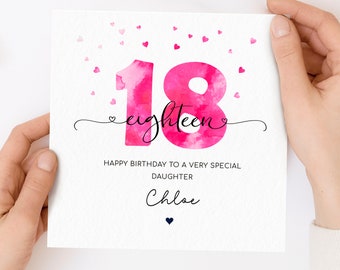 Personalised 18th birthday card, pink teenage girl eighteenth birthday card, happy 18th birthday for daughter, granddaughter, niece