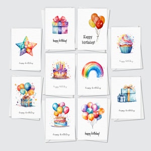 10 cartes d'anniversaire colorées, cartes de joyeux anniversaire A6 vierges, emballage multiple de variétés aquarelle, lot de cartes A6 unisexes arc-en-ciel