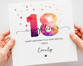 Personalised 18th birthday card, teenage girl eighteenth birthday, colourful happy 18th birthday for daughter, granddaughter, niece